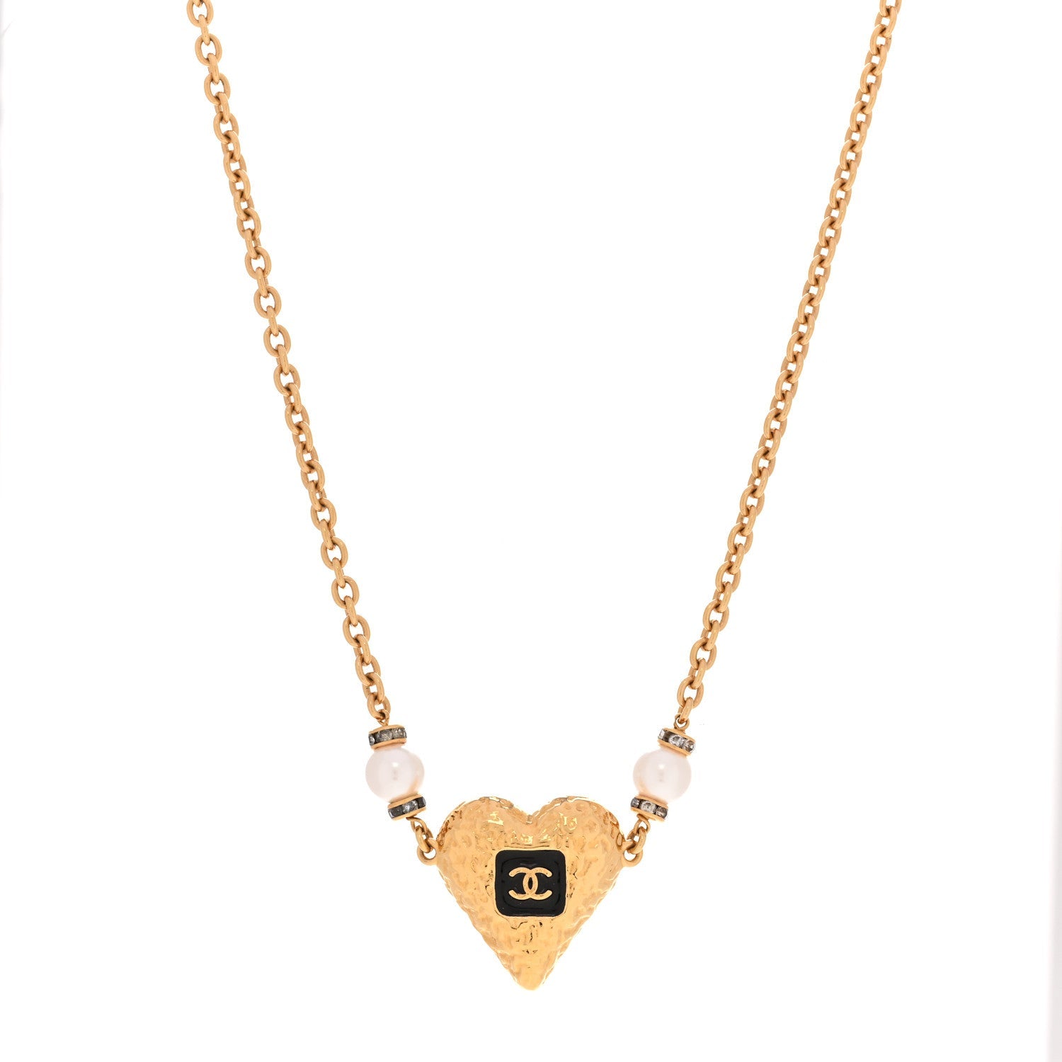 Resin Crystal Pearl Chain Heart CC Pendant Choker Necklace Black White Gold