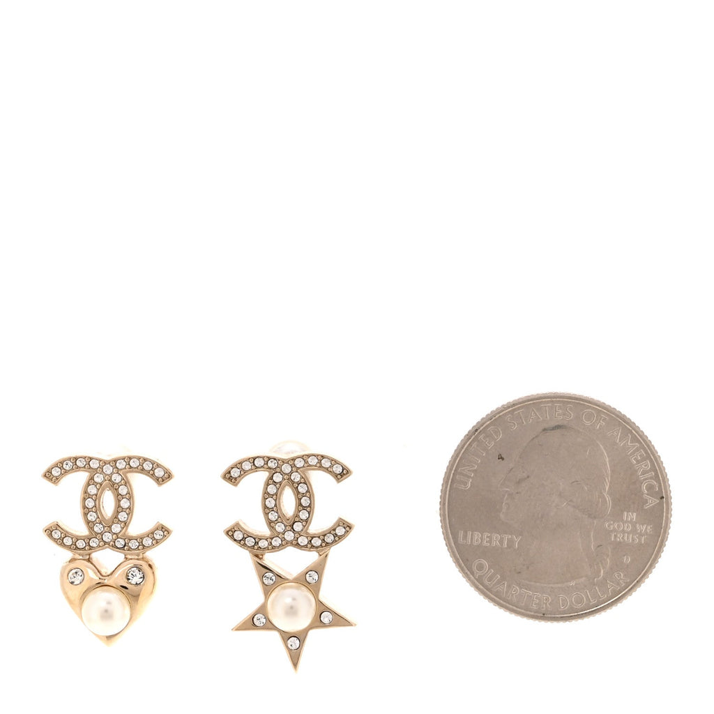 Crystal Pearl Charming Winter CC Star Heart Clip On Earrings Gold