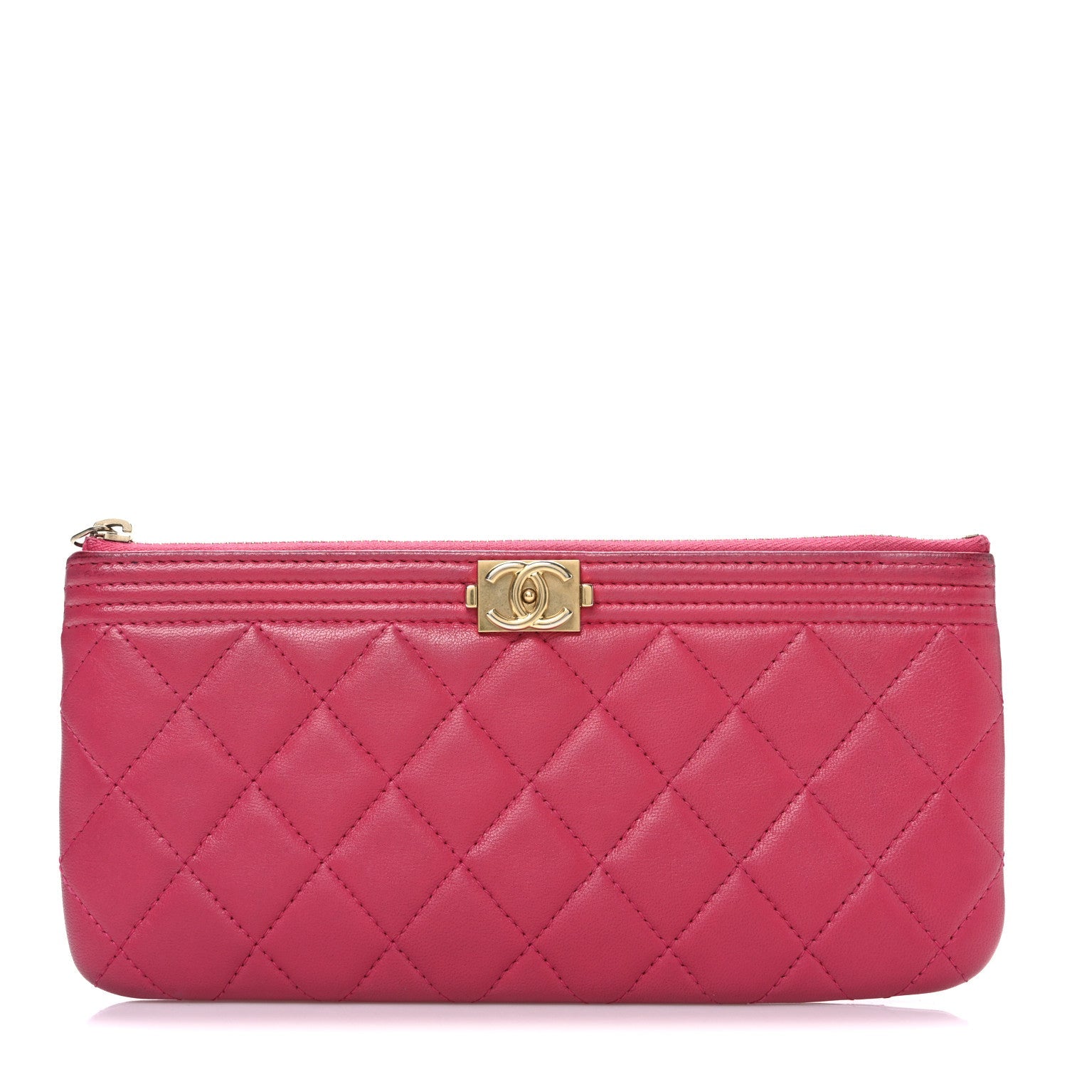 Lambskin Quilted Small Boy Zipped Pouch Dark Pink