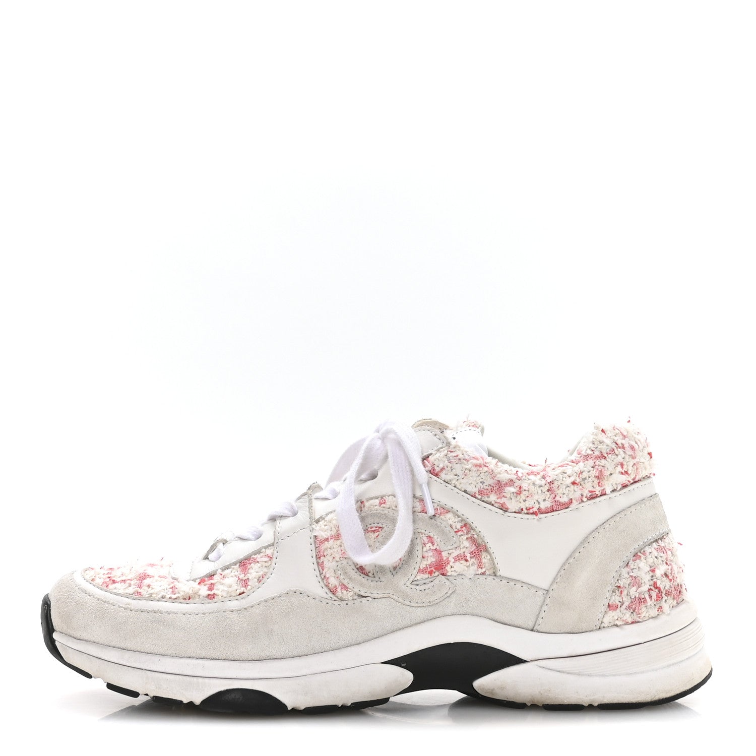 Chanel Tweed Suede Calfskin Womens CC Sneakers 39.5 Ecru Pink Red White