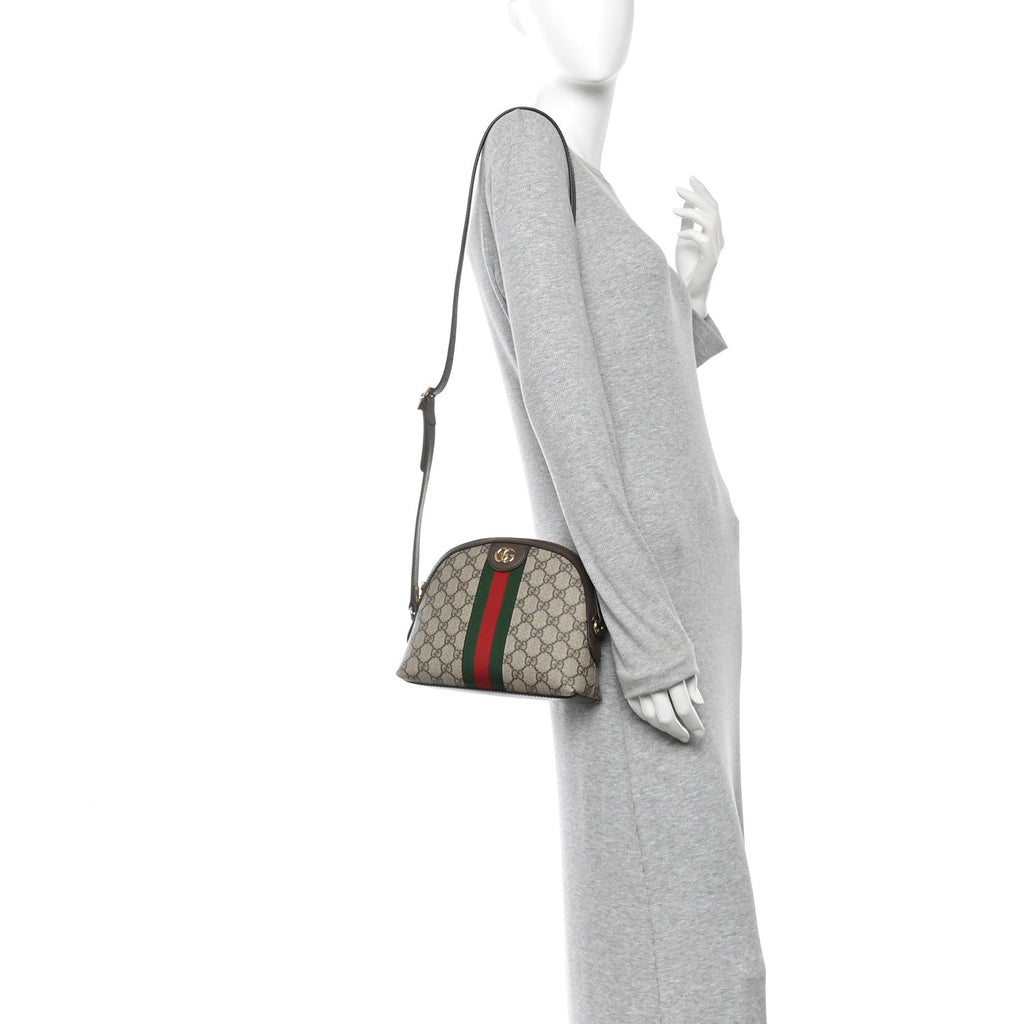 Gucci GG Supreme Monogram Textured Dollar Calfskin Web Small Ophidia Dome Shoulder Bag Beige Ebony New Acero