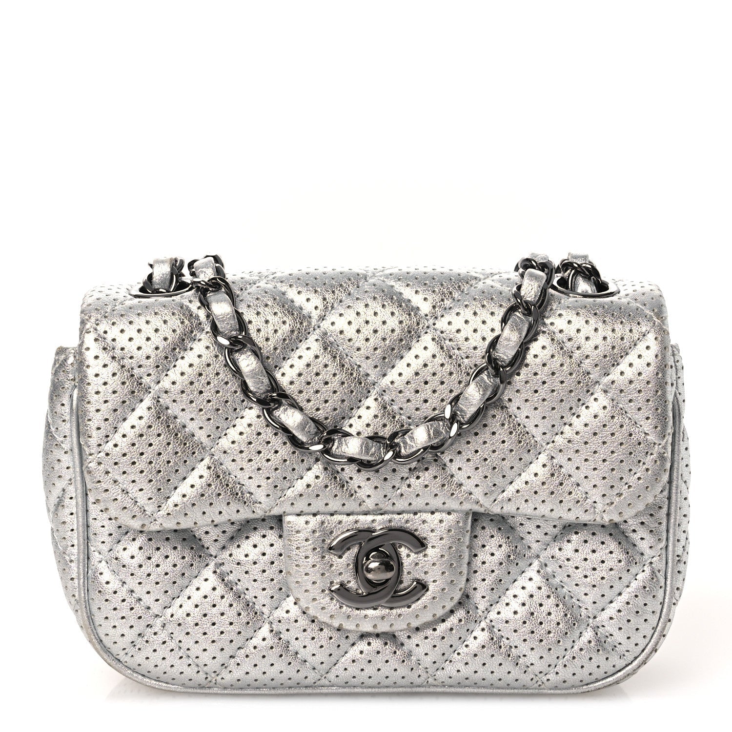 Chanel Metallic Lambskin Perforated Mini Rectangular Flap Silver