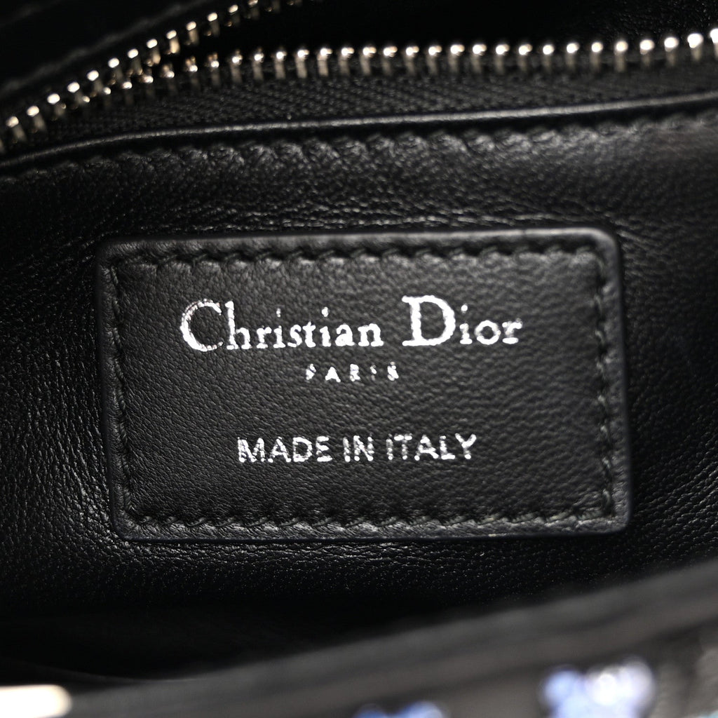 Christian Dior Satin Lambskin Embroidered Beaded Mini Lady Dior Black Multicolor