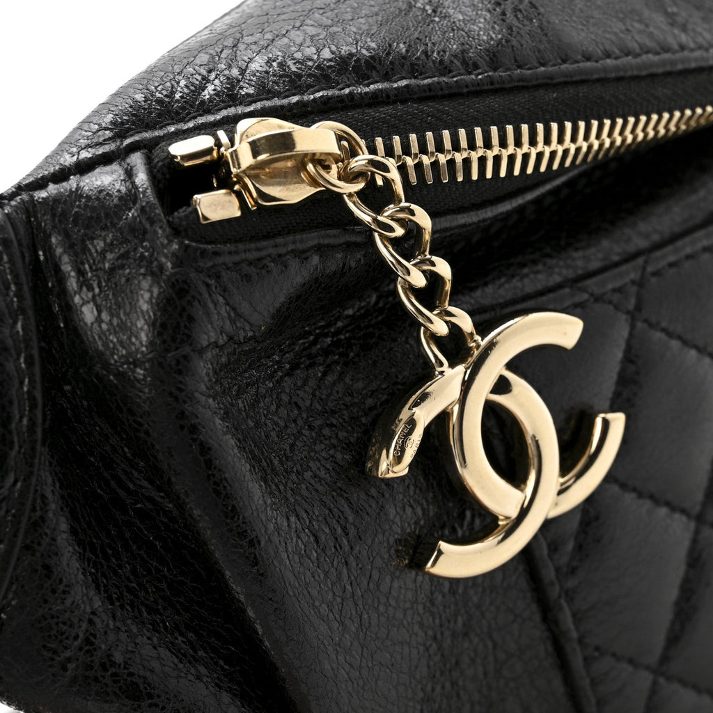 Chanel Crumpled Glazed Lambskin Quilted Waist Bag Fanny Pack Black