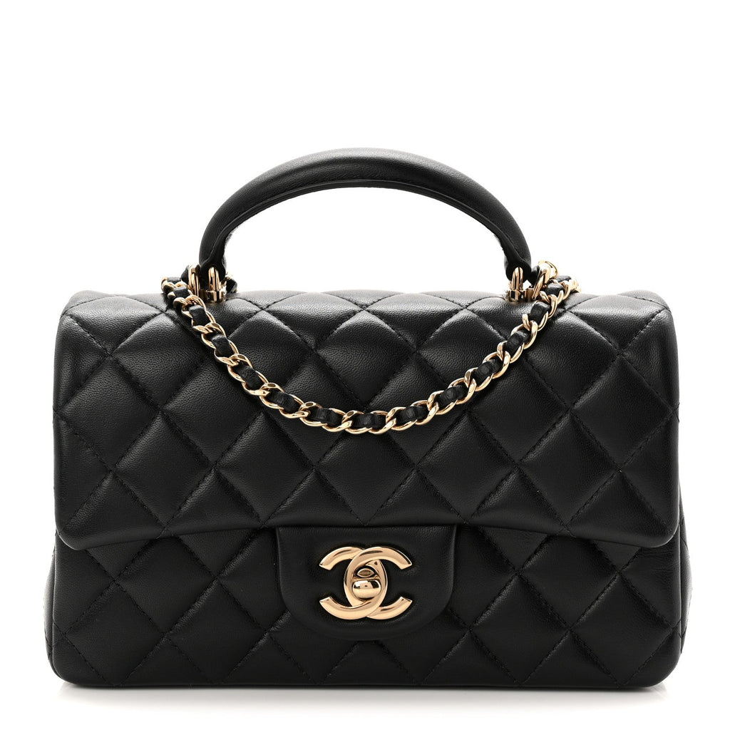 Chanel Lambskin Quilted Mini Top Handle Rectangular Flap Black