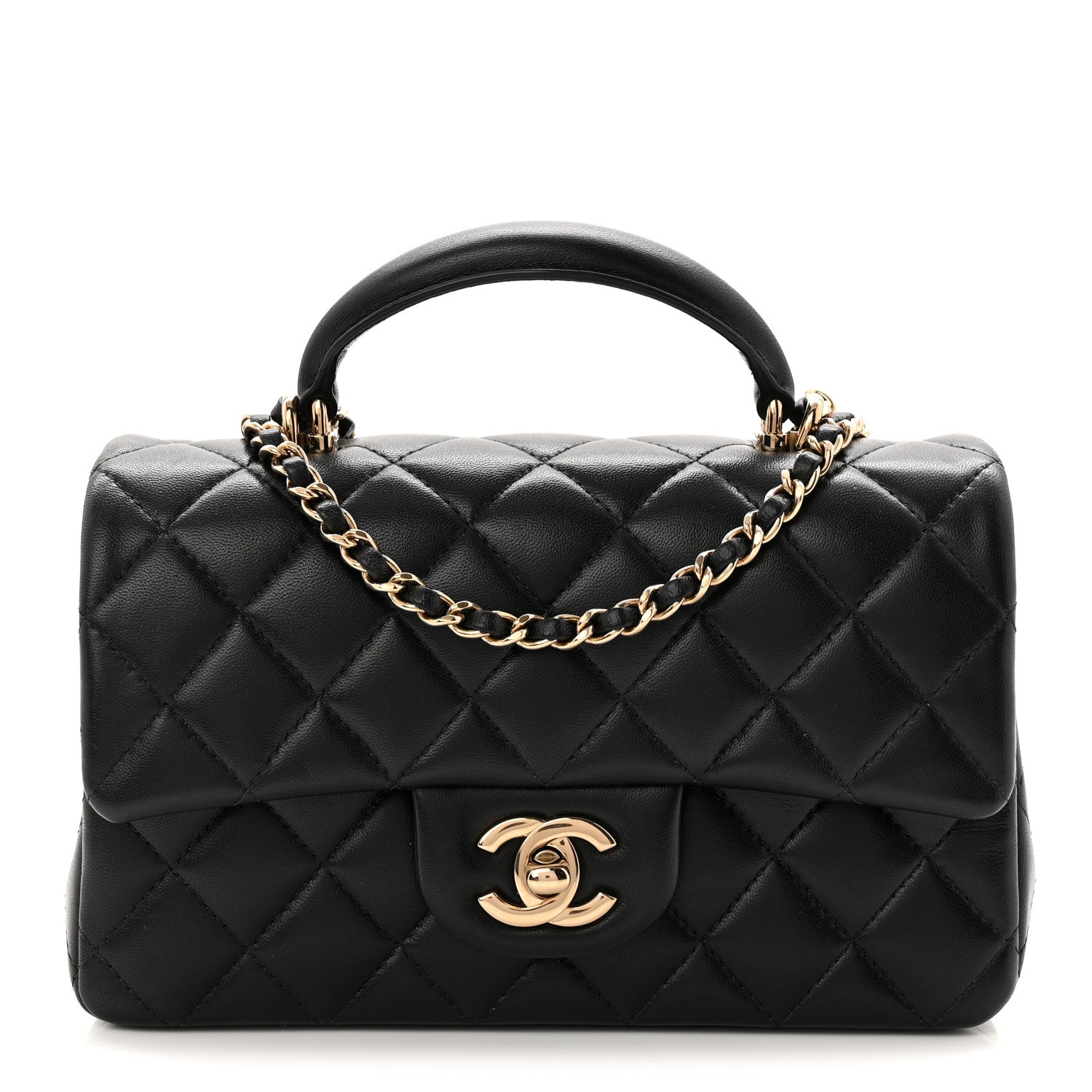Chanel Lambskin Quilted Mini Top Handle Rectangular Flap Black