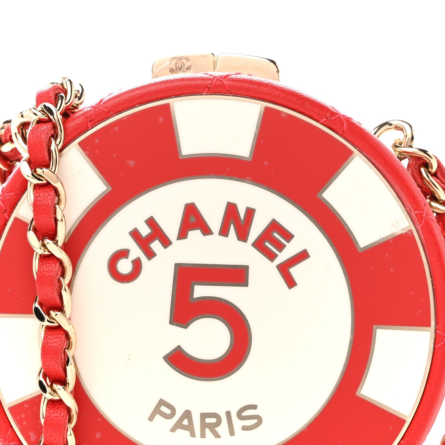 Chanel Lambskin Enamel Quilted Round Poker Chip Clutch With Chain Red White