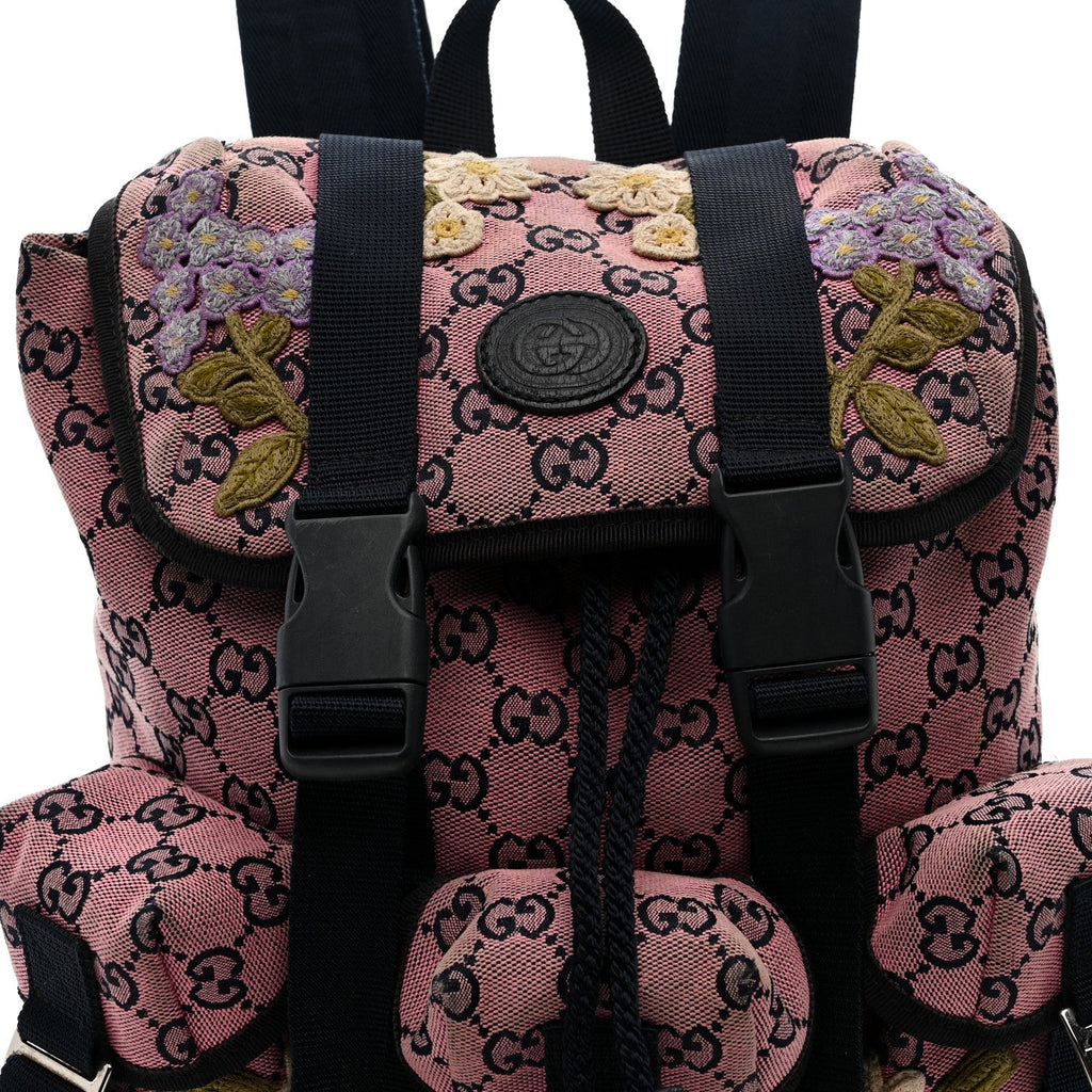 Gucci Monogram Multicolor Floral Embroidered Large Retro Interlocking G Three Pocket Backpack Pink Blue Multicolor