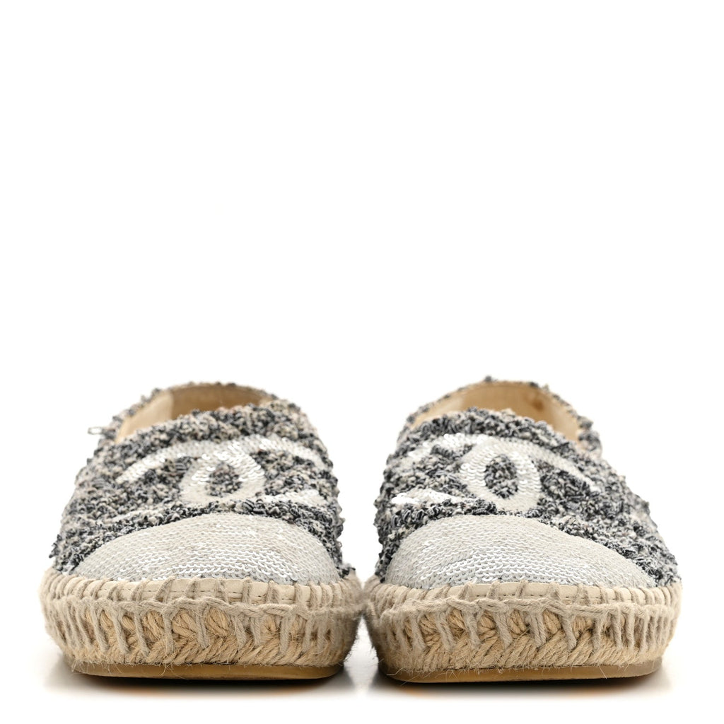 Chanel Tweed Sequin CC Espadrilles 37 Black White