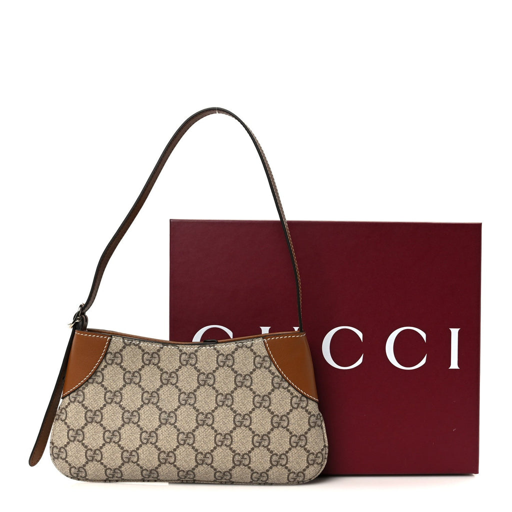Gucci GG Monogram Calfskin Small Emblem Shoulder Bag Beige Dark Brown