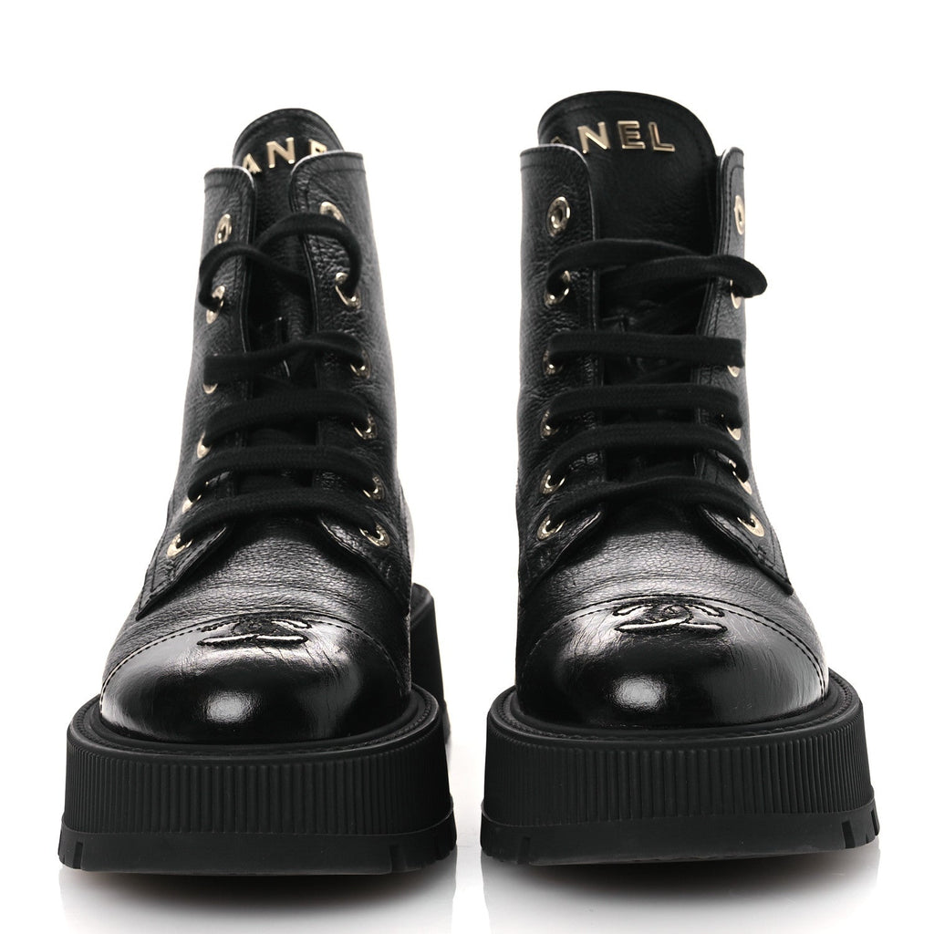 Grained Calfskin Shiny Calfskin CC Lace Up Combat Boots 38.5 Black