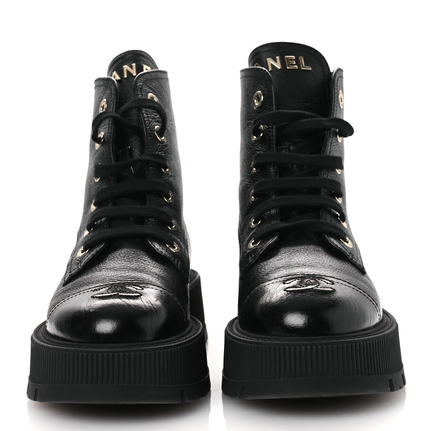Grained Calfskin Shiny Calfskin CC Lace Up Combat Boots 38.5 Black