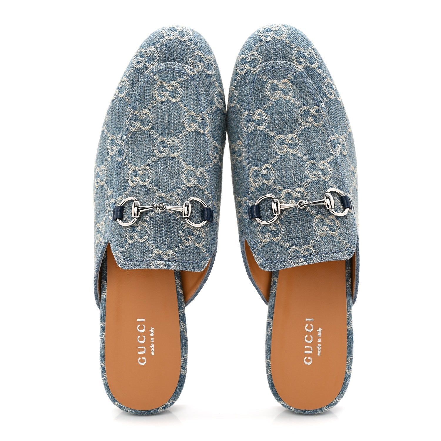 Gucci New Denim GG Malaga Kid Womens Princetown Slippers 37.5 Light Blue Royale