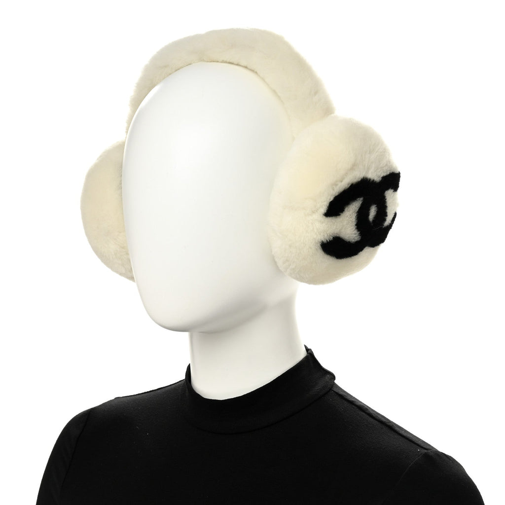 Chanel Shearling CC Bi-Color Ear Muffs White Black