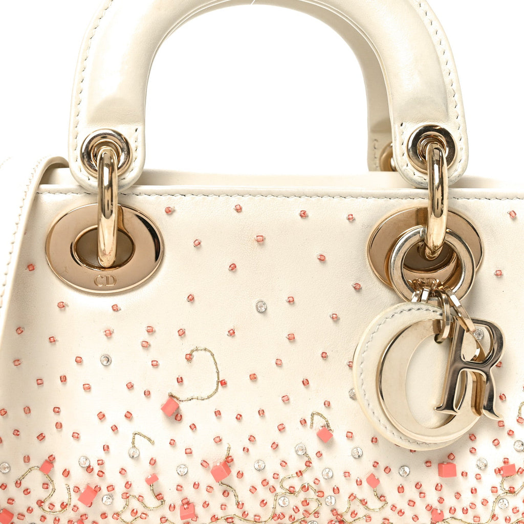 Christian Dior Calfskin Embroidered Small Lady D-Joy White Multicolor