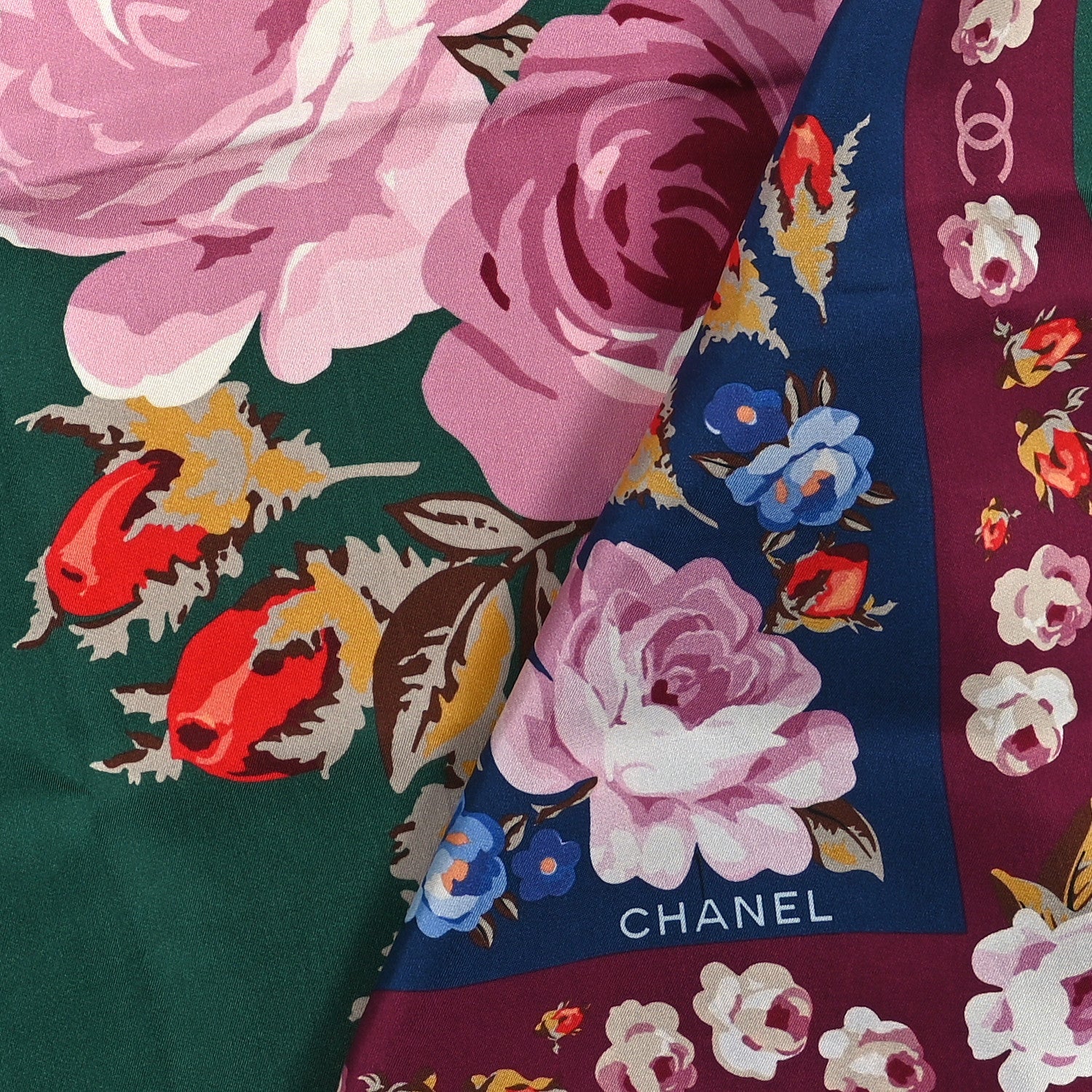 Chanel Silk CC Floral Square Scarf Green Multicolor