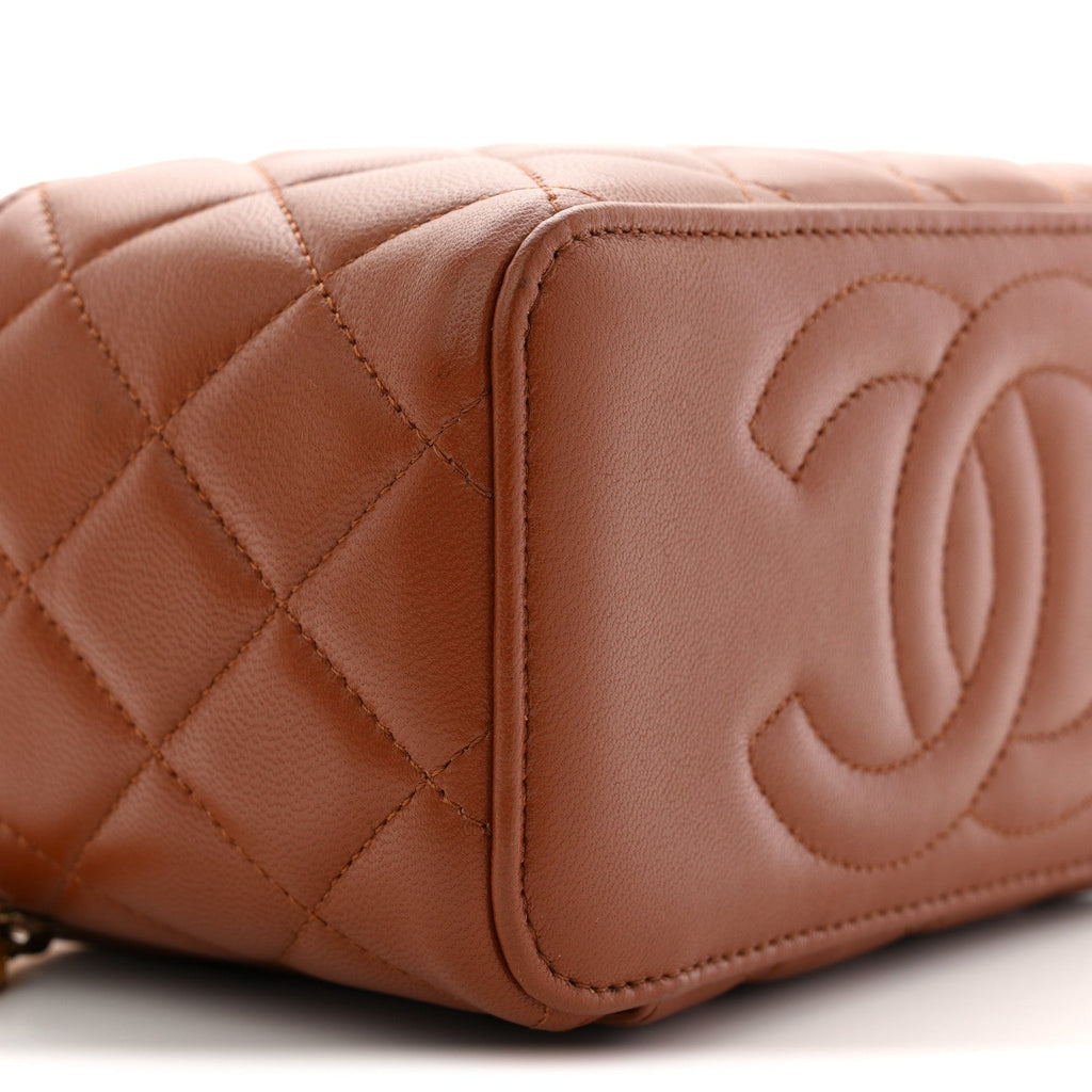 Chanel Lambskin Quilted Small Top Handle Vanity Case With Chain Light Brown Yellow