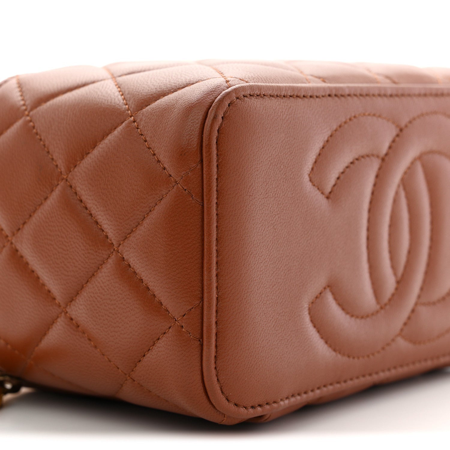 Chanel Lambskin Quilted Small Top Handle Vanity Case With Chain Light Brown Yellow