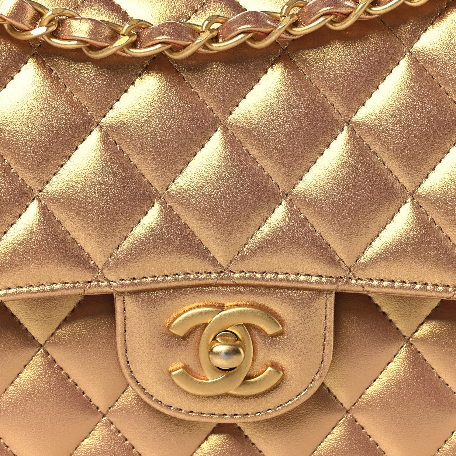 Chanel Metallic Lambskin Quilted Medium Double Flap Golden