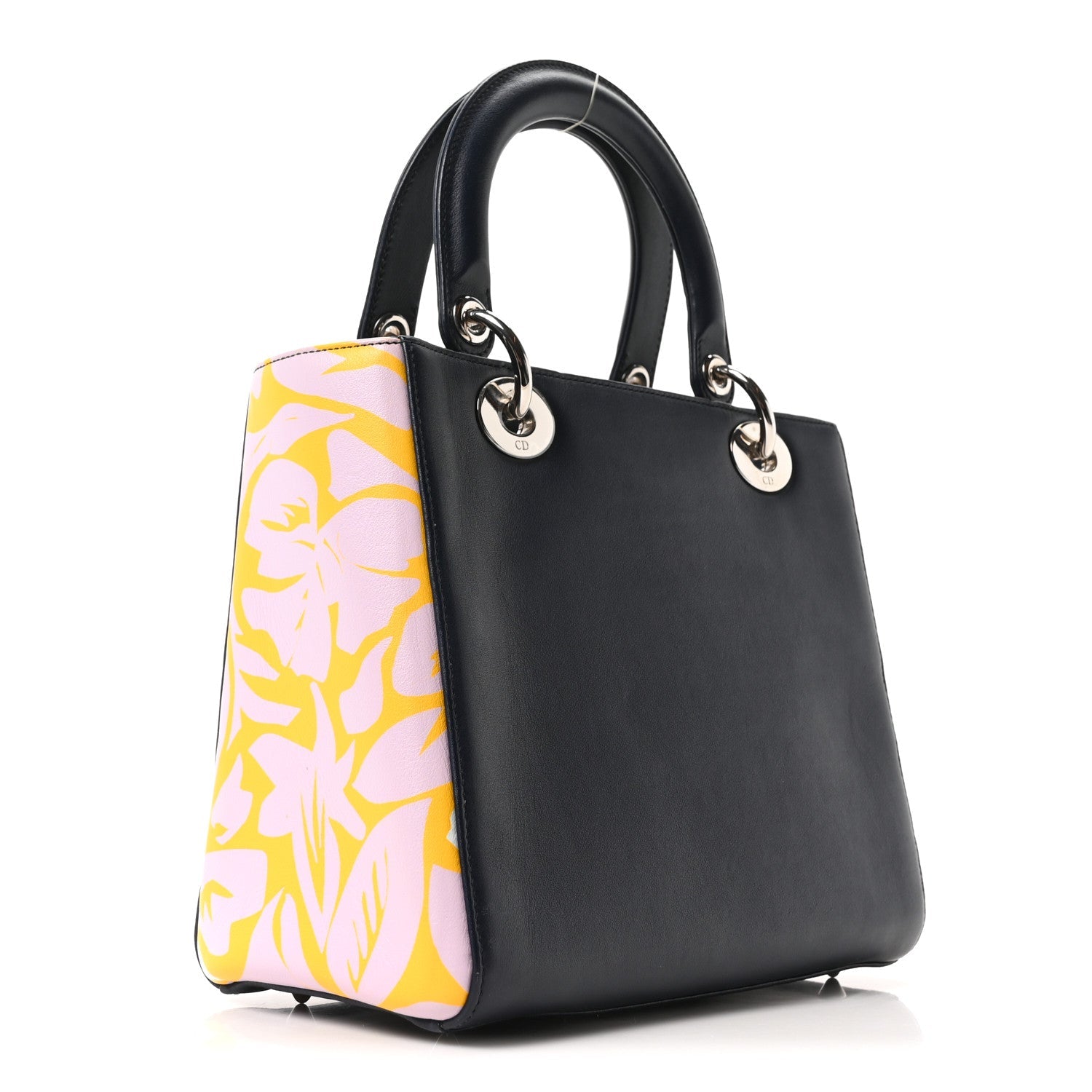 Christian Dior Calfskin Floral Print Medium Lady Dior Navy Blue Multicolor