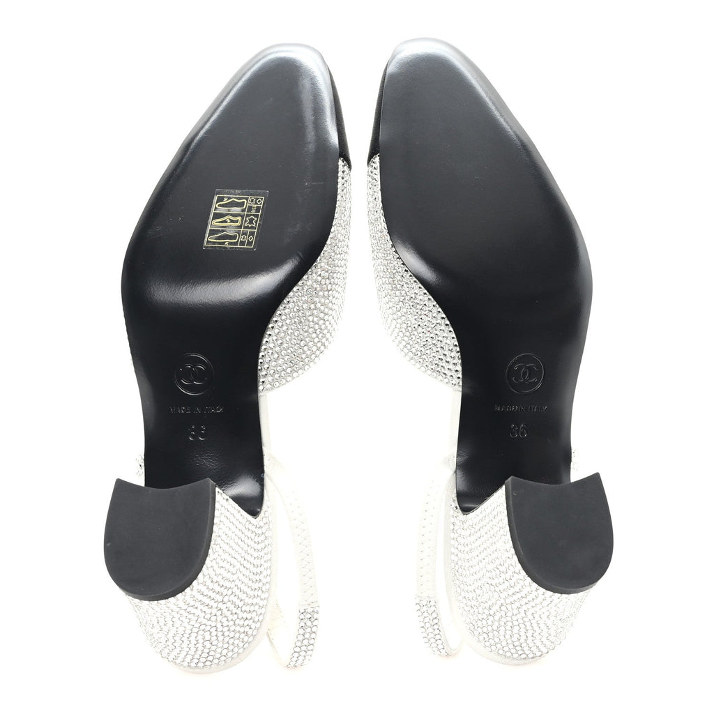 Chanel Strass Grosgrain Cap Toe CC Slingback Pumps 36 Silver Black