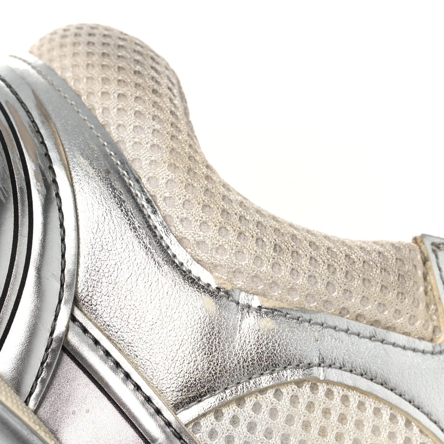 Fabric Laminated Calfskin Stretch CC Womens Sneakers 38.5 White Gold Silver
