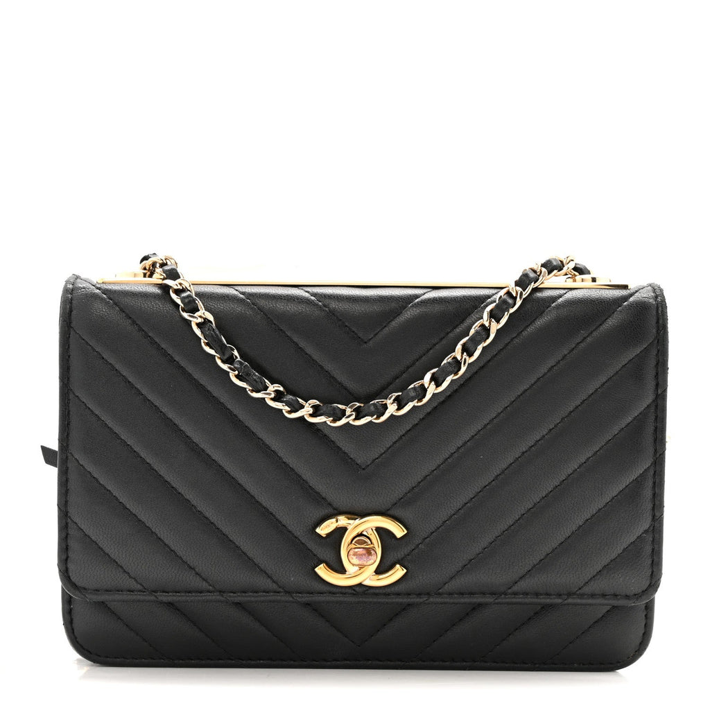 Chanel Lambskin Chevron Quilted Trendy CC Wallet On Chain WOC Black
