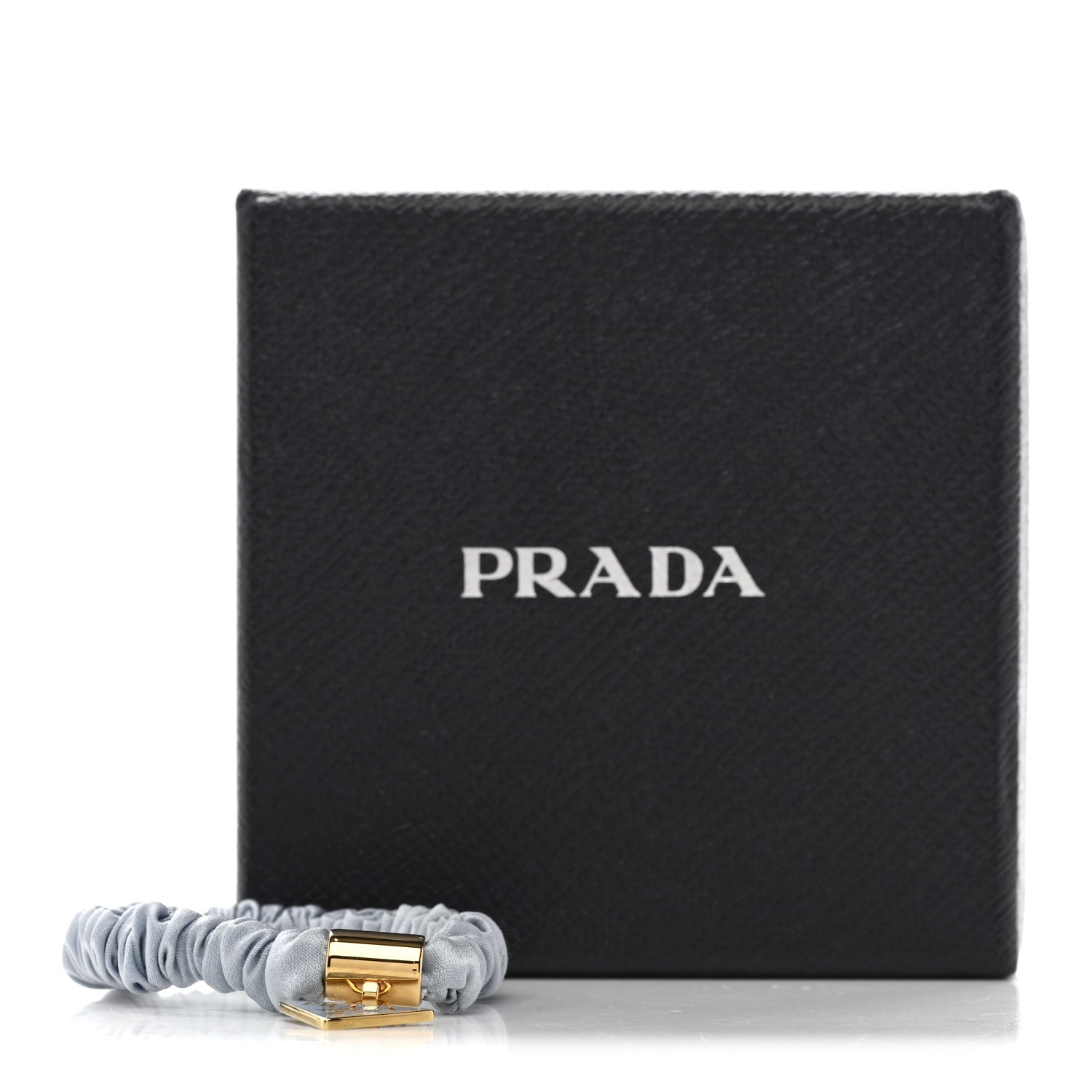 Prada Satin Metal Logo Charm Hair Tie Scrunchie Celeste