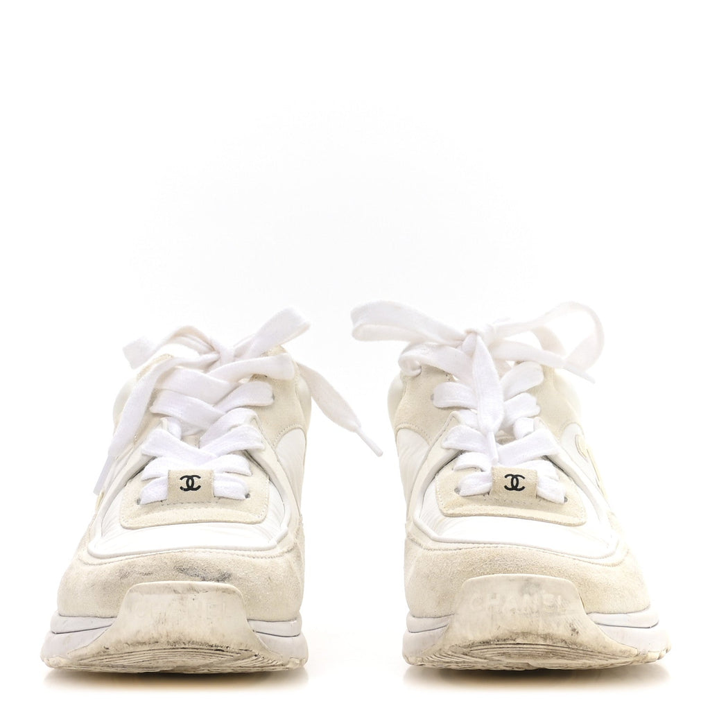 Chanel Suede Calfskin Fabric CC Sneakers 36 White