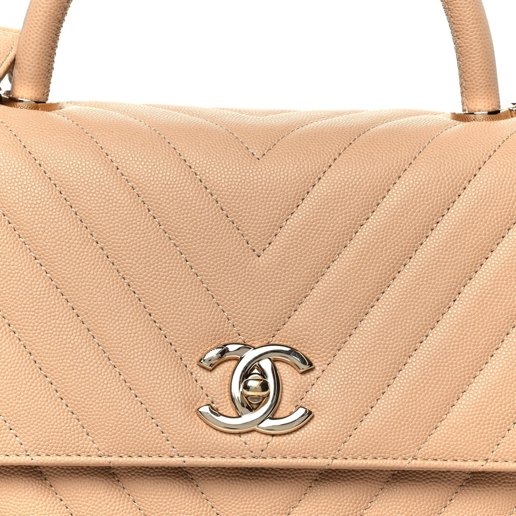 Chanel Caviar Chevron Quilted Small Coco Handle Flap Beige