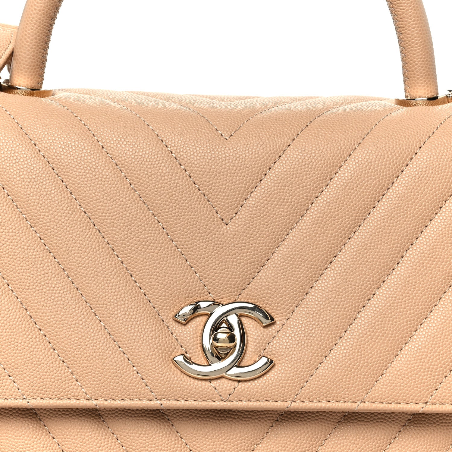 Chanel Caviar Chevron Quilted Small Coco Handle Flap Beige
