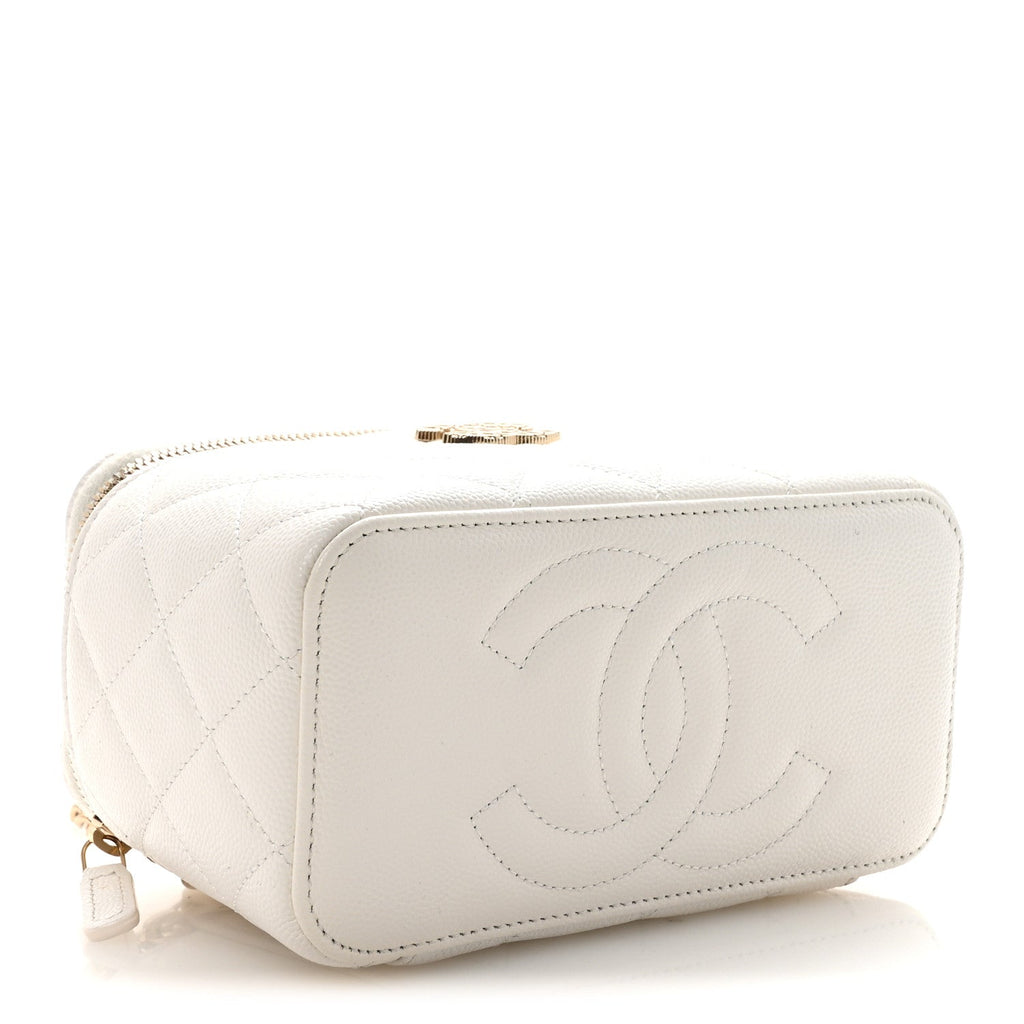 Chanel Caviar Quilted Crystal Hearts Small Vanity Case With Chain White