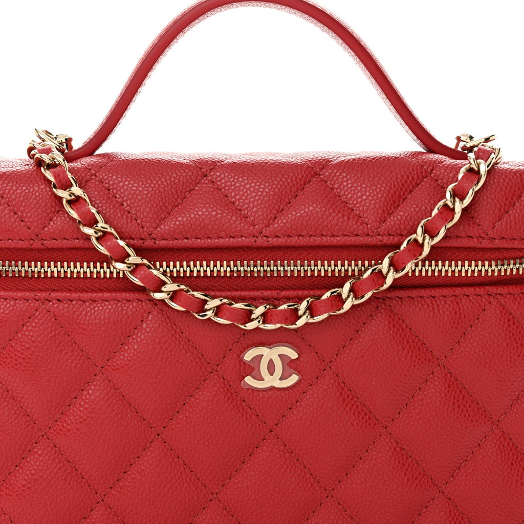 Chanel Caviar Quilted Top Handle Slim Vanity With Chain Red