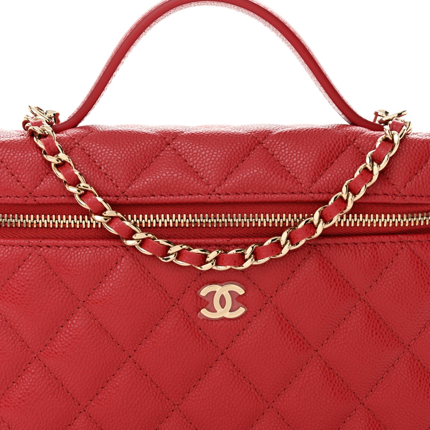 Chanel Caviar Quilted Top Handle Slim Vanity With Chain Red