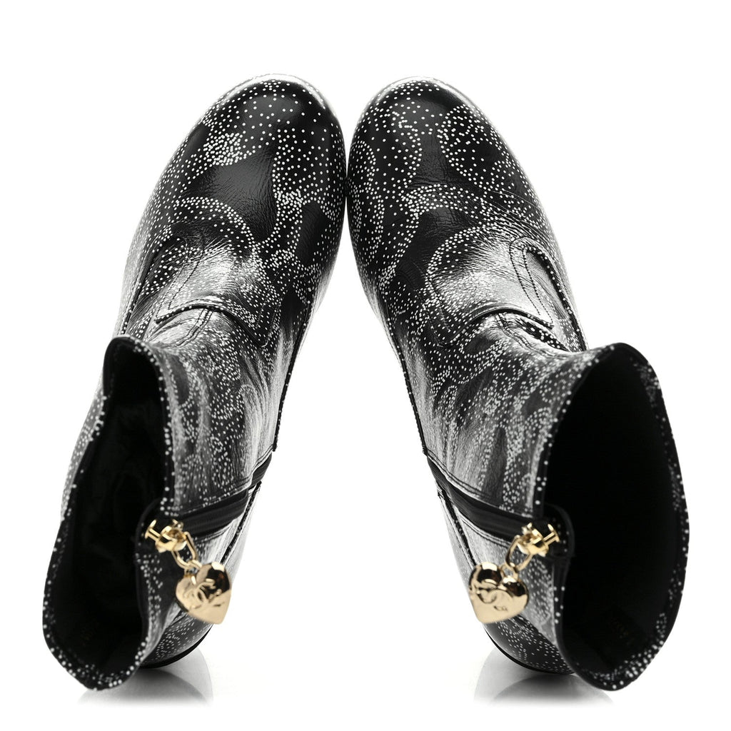 Calfskin Camellia Printed Ankle Boots 38 Black White