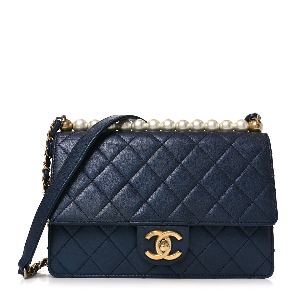 Chanel Iridescent Lambskin Quilted Small Chic Pearls Flap Blue