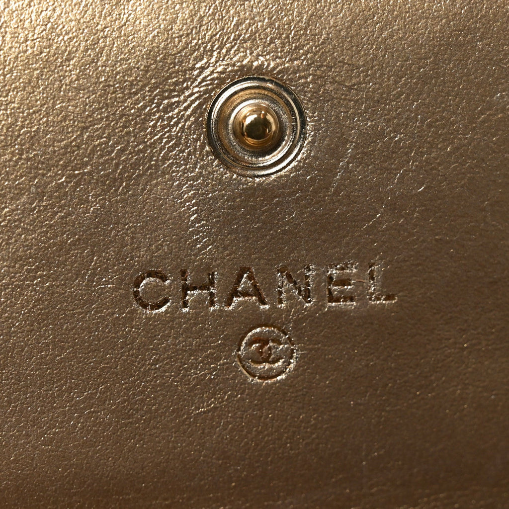 Metallic Lambskin Quilted Large Gusset Flap Wallet Gold