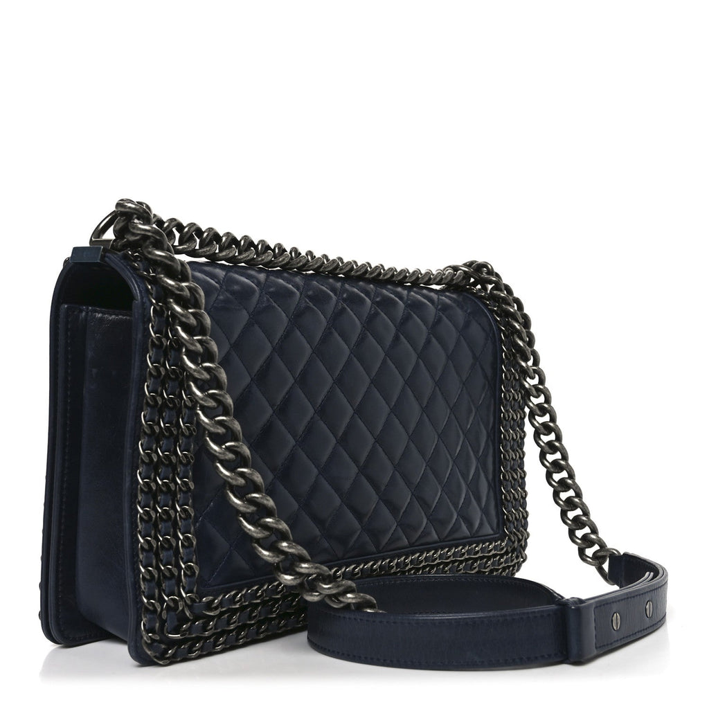 Chanel Glazed Calfskin Quilted New Medium Boy Chained Flap Navy