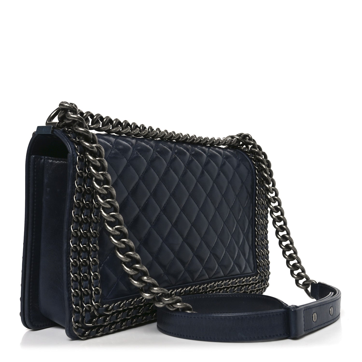 Chanel Glazed Calfskin Quilted New Medium Boy Chained Flap Navy