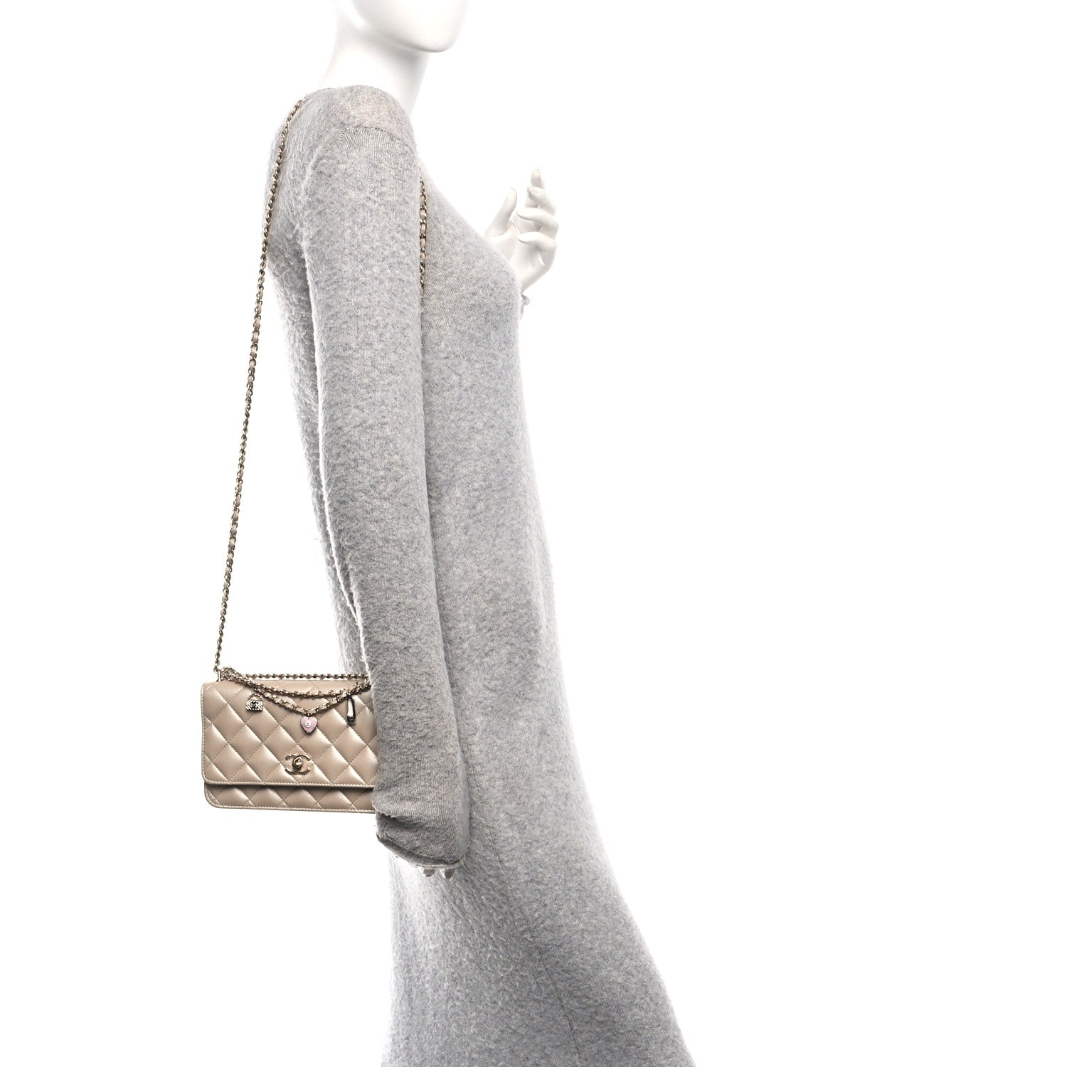 Chanel Pearly Lambskin Quilted Charms Wallet On Chain WOC Beige
