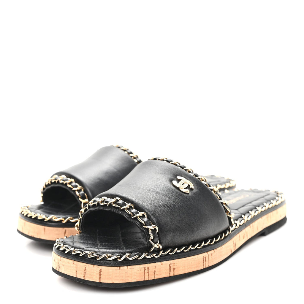 Lambskin Chain Cork Slide Sandals 37 Black
