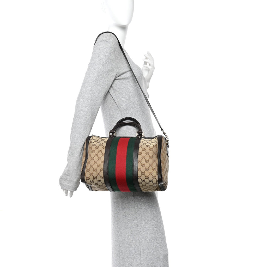 Gucci Monogram Selleria Calfskin Vintage Web Medium Boston Beige Ebony Cocoa