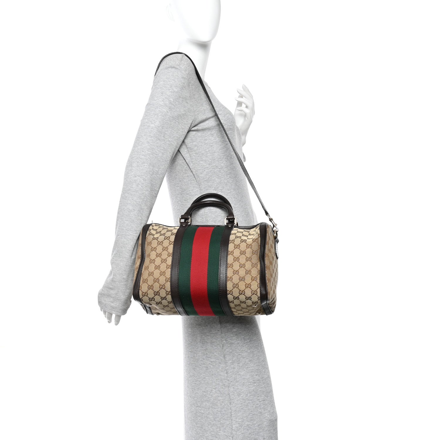 Gucci Monogram Selleria Calfskin Vintage Web Medium Boston Beige Ebony Cocoa