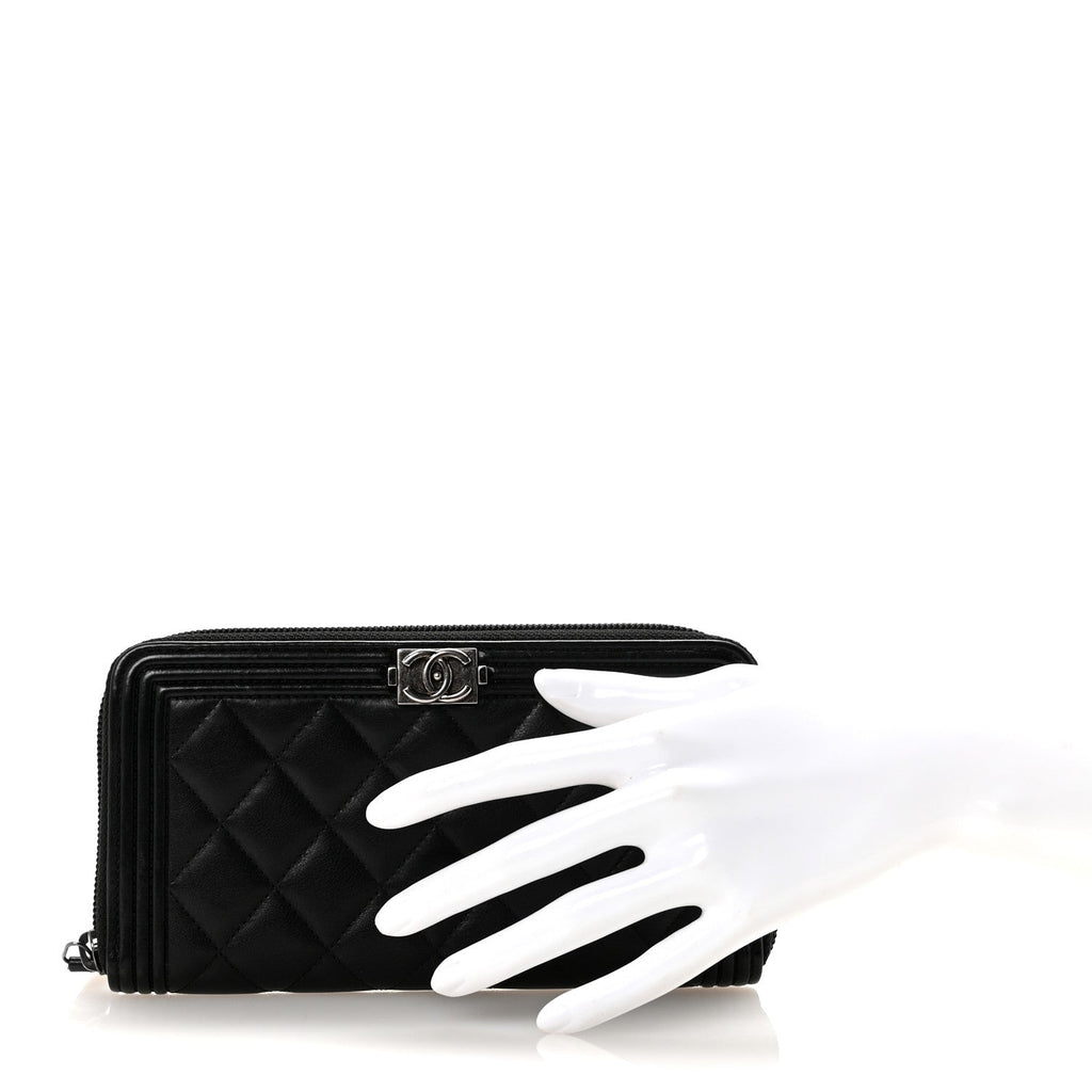 Lambskin Quilted Boy Zip Around Wallet Black