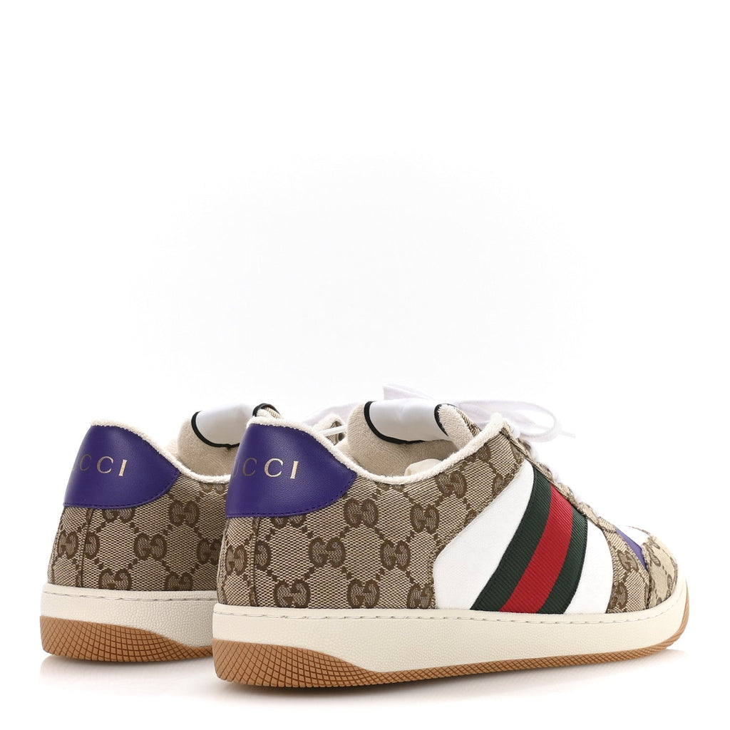 Gucci GG Supereme Monogram Calfskin Web Mens Screener Sneakers 10 Beige Ebony White Shine Purple