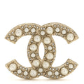 Metal Crystal Graduated Pearl CC Brooch Gold