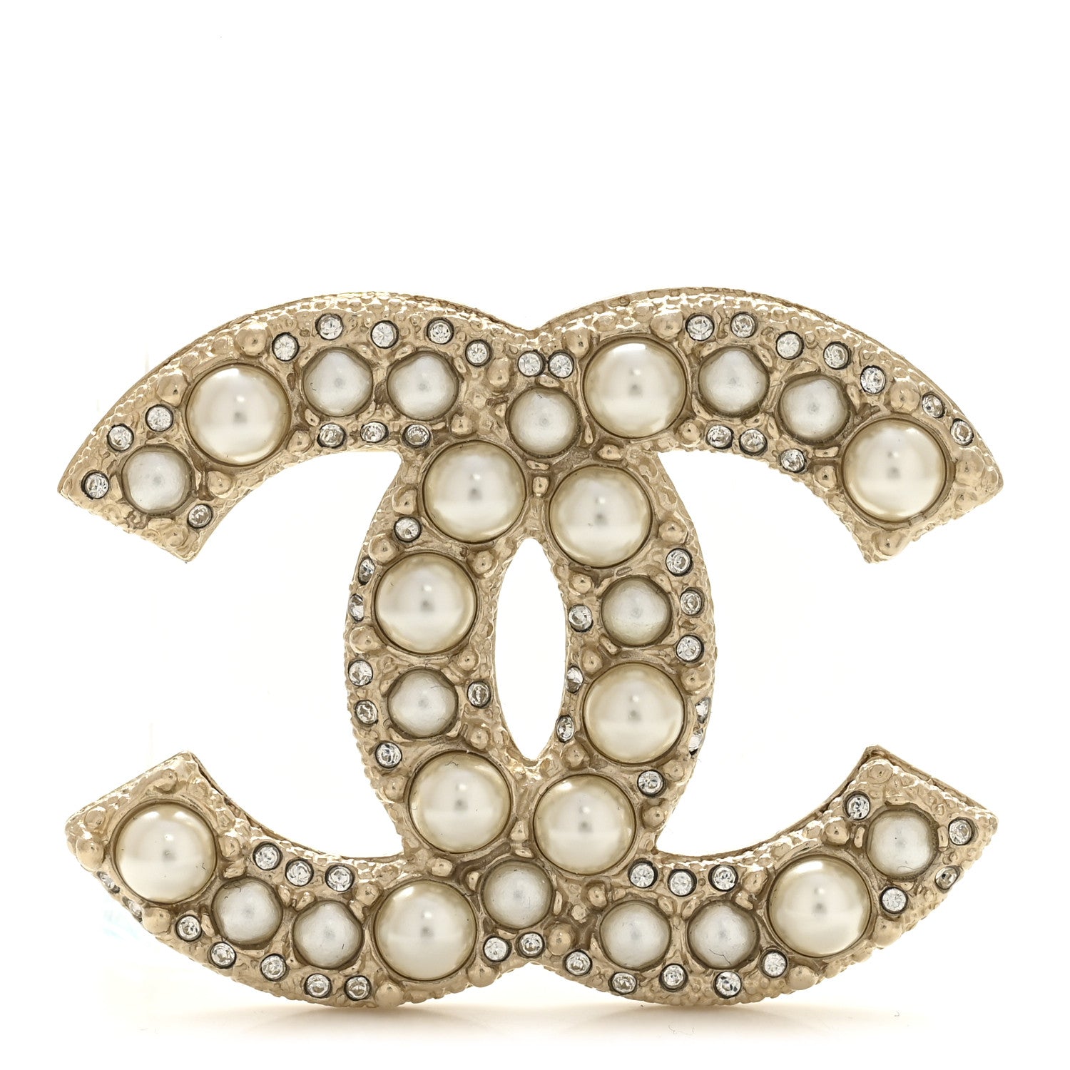 Metal Crystal Graduated Pearl CC Brooch Gold
