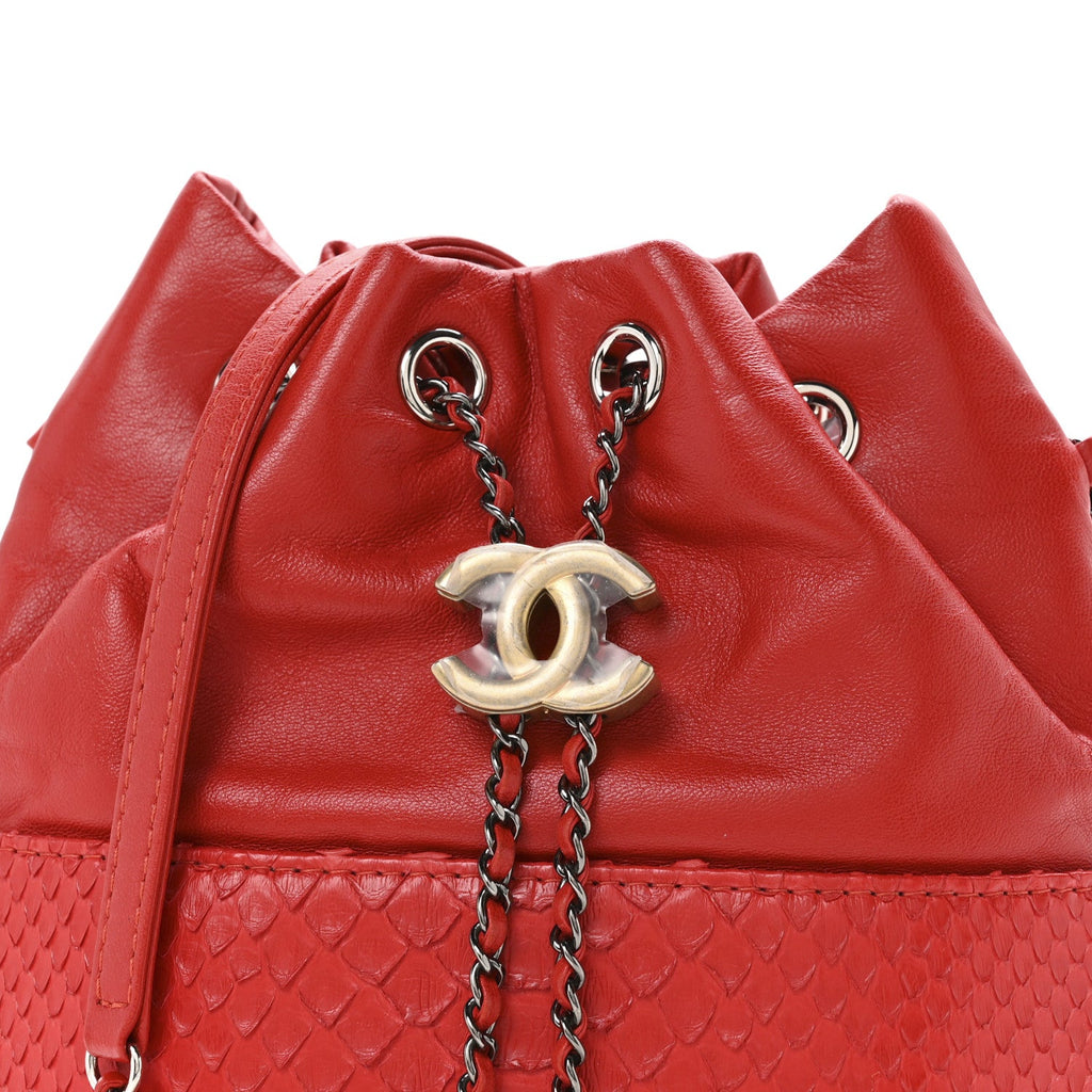 Chanel Snakeskin Calfskin Gabrielle Bucket Red