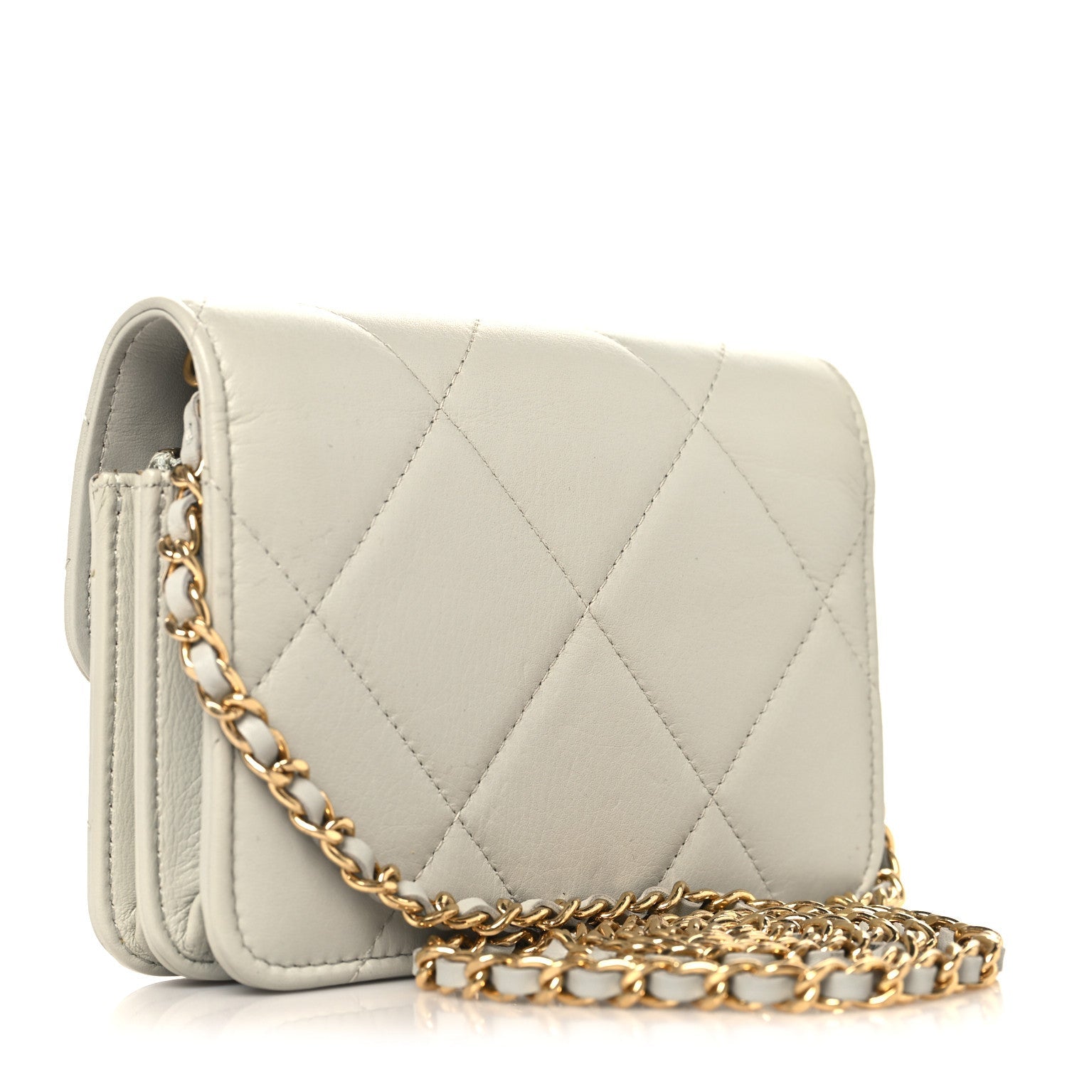 Chanel Calfskin Strass Quilted Clutch With Chain Flap Light Grey