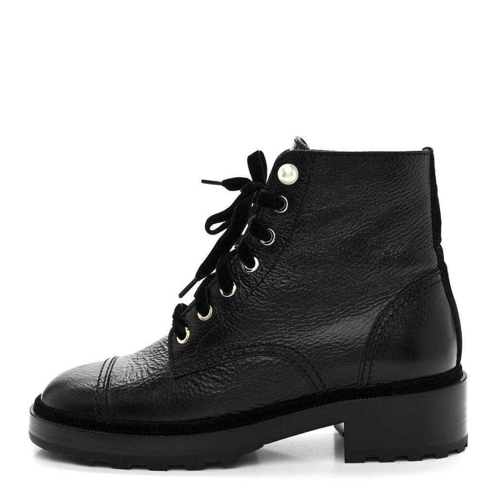 Chanel Shiny Calfskin Velvet Pearl Combat Short Boots 38 Black